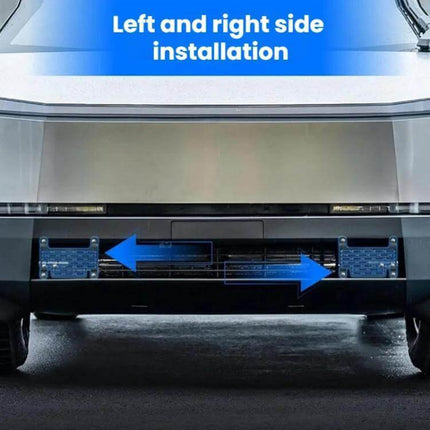 Quick-Release Aluminum License Plate Frame for Tesla Cybertruck showing left and right side installation on Cybertruck front bumper