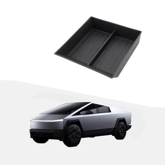 Tesla Cybertruck Center Console Lower Storage Box Non Slip - black TPE non-slip organizer tray, custom 3D-fit for keys coins cables
