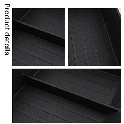 Tesla Cybertruck Center Console Lower Storage Box Non Slip — black TPE non-slip liner with divider, 3D-scanned custom-fit for organized small items