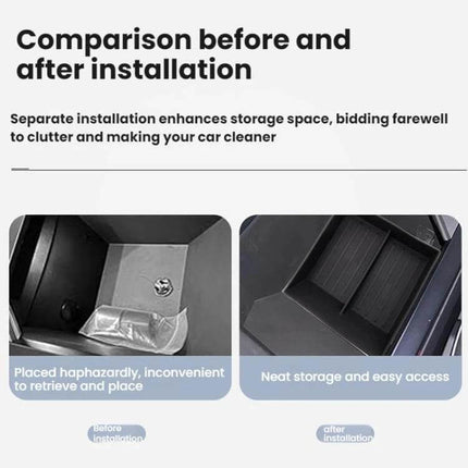 Tesla Cybertruck Center Console Lower Storage Box Non Slip showing before messy console and after neat fitted non-slip insert