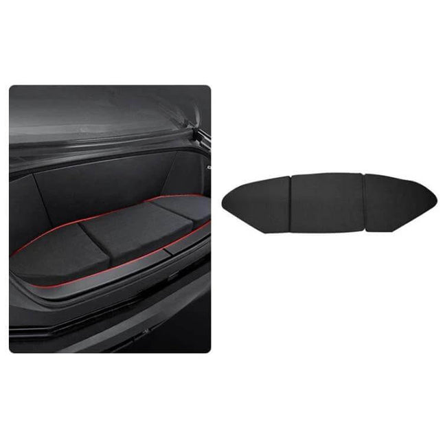 Tesla Cybertruck Foldable Front Trunk Foam Seat Cushion placed in Cybertruck frunk showing three-panel foldable protective foam liner
