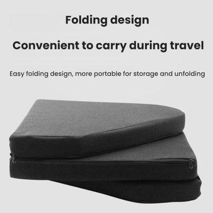 Tesla Cybertruck Foldable Front Trunk Foam Seat Cushion showing folded black foam pad with zipper, compact folding design for travel and storage