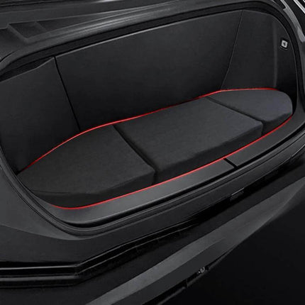 Tesla Cybertruck Foldable Front Trunk Foam Seat Cushion installed in Cybertruck frunk with black foam panels and red trim