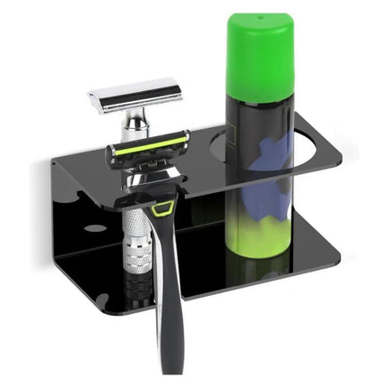 Acrylic Wall Stand for Daily Bathroom Razor Organization holding a razor and shaving foam on a clear acrylic two-tier rack