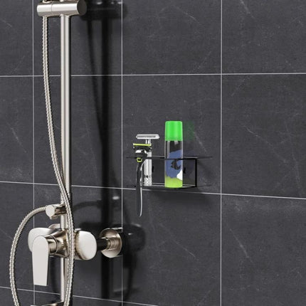 Acrylic Wall Stand for Daily Bathroom Razor Organization mounted in shower holding razor and shaving gel to save counter space
