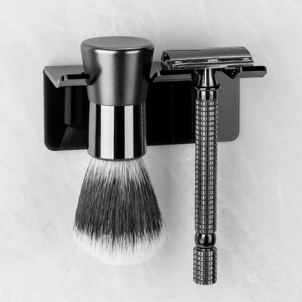 Acrylic Storage Stand for Daily Bathroom Razor Organization holding a shaving brush and metal safety razor on a countertop