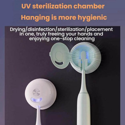Smart Rechargeable Toothbrush UV Sterilizer and Wall-Mount Storage Rack showing UV sterilization chamber and hanging toothbrush for drying and disinfection