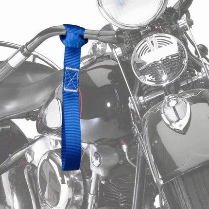 Multi-Purpose Luggage Straps for ATVs and Motorcycles blue PP webbing tie looped on motorcycle handle to secure gear