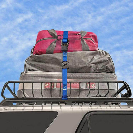 Multi-Purpose Luggage Straps for ATVs and Motorcycles securing stacked luggage on a roof rack with durable blue PP webbing