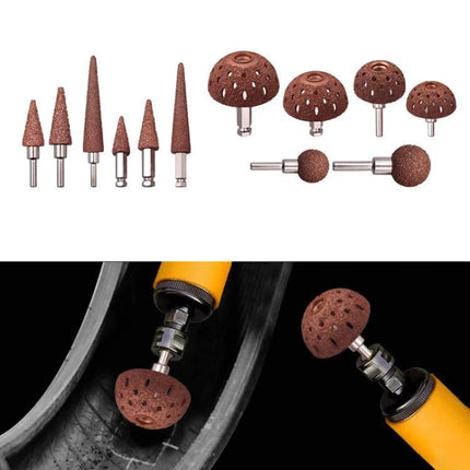 Grinding Head for Tire Defect Repairs in Garage Settings - tungsten steel grinding head set used by mechanics to smooth tire cuts and wear for safe repairs