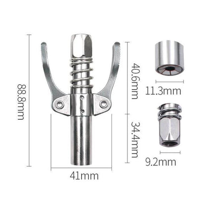 Car Grease Nozzle, Double-Handle For Quick Lubrication alloy grease fitting nozzle with extended outlet and dimensions shown