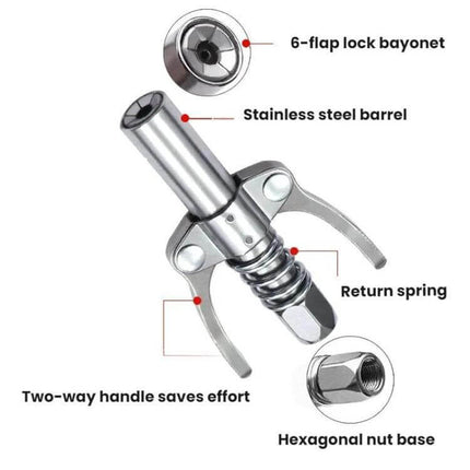 Car Grease Nozzle, Double-Handle For Quick Lubrication alloy stainless steel barrel with 6-flap lock bayonet and two-way handle