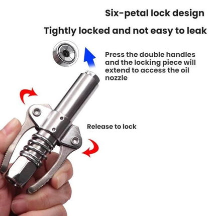 Car Grease Nozzle, Double-Handle For Quick Lubrication alloy nozzle with extended outlet and six-petal lock design for tight fit on grease fittings
