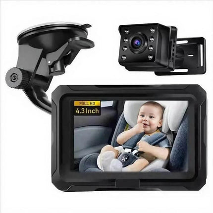4.3-Inch Screen Car Baby Monitor for In-Vehicle Safety Checks showing monitor screen with infant in car seat and camera mount