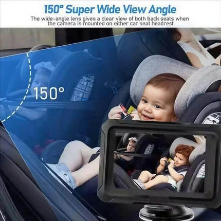 4.3-Inch Screen Car Baby Monitor for In-Vehicle Safety Checks showing wide 150° view of rear-facing car seat with baby on 4.3-inch monitor