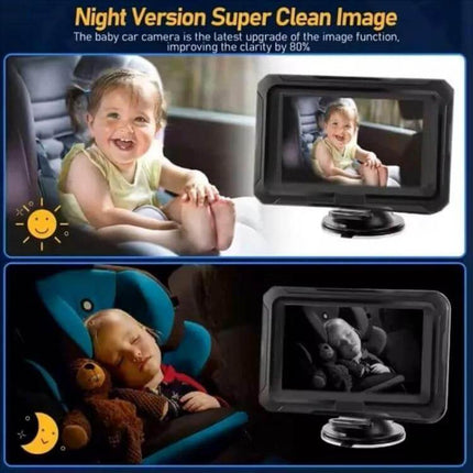 4.3-Inch Screen Car Baby Monitor for In-Vehicle Safety Checks showing daytime and night views of a baby in a rear car seat