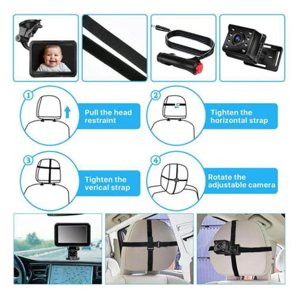 4.3-Inch Screen Car Baby Monitor for In-Vehicle Safety Checks mounted on headrest with straps and camera showing installation steps