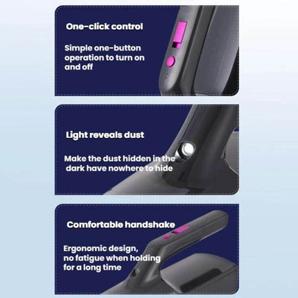 Compact Handheld Vacuum Cleaner for Car and Desk Cleaning showing one-click control, built-in dust light, ergonomic grip and washable HEPA filter