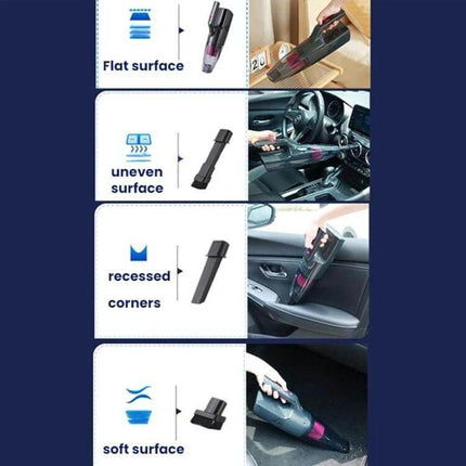 Compact Handheld Vacuum Cleaner for Car and Desk Cleaning used with multiple nozzles to clean flat, uneven, recessed corners and soft surfaces in car and office