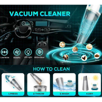 3.8m Corded Handheld Car Vacuum For Quick Car Cleanups - handheld vacuum showing long cord, ergonomic handle, LED light, low noise, and cleaning steps