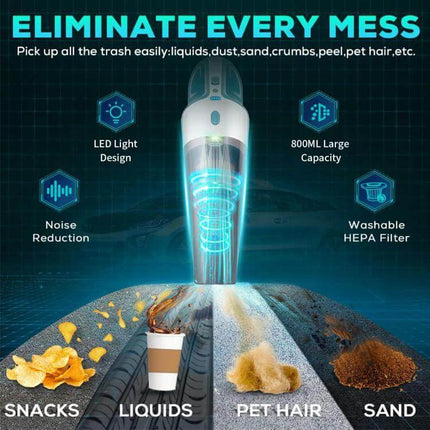 3.8m Corded Handheld Car Vacuum For Quick Car Cleanups handheld vacuum showing LED, 800ML capacity, washable HEPA filter cleaning snacks liquids pet hair sand