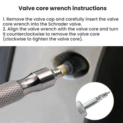 Essential Wrench for Everyday Vehicle and Bike Upkeep - close-up of valve core wrench removing a Schrader valve core from a tire stem, with brief instructions