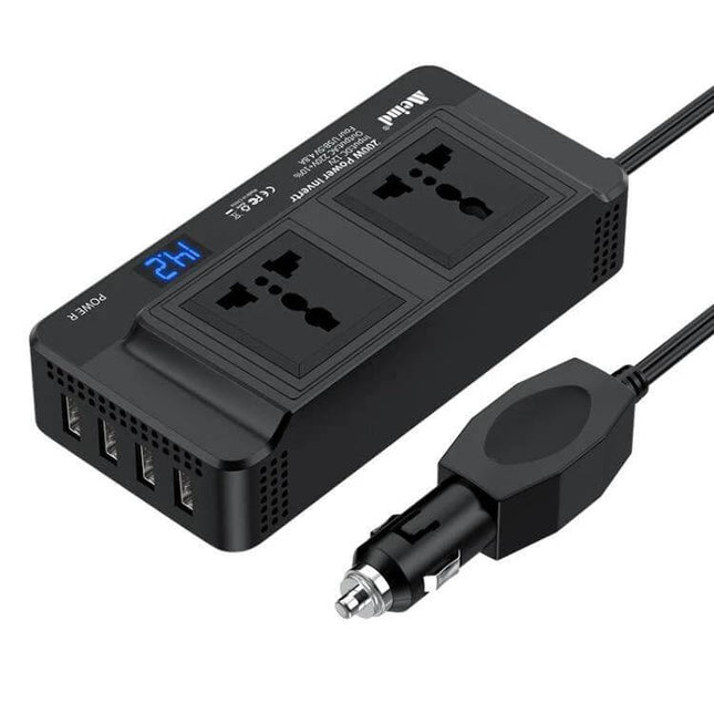 Meind 200W Car Power Inverter for Charging Devices On the Go - black car inverter with dual AC sockets and 4 USB ports
