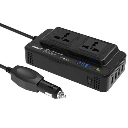 Meind 200W Car Power Inverter for Charging Devices On the Go black dual outlet inverter with car cigarette lighter plug and digital display