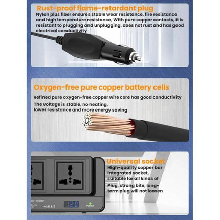 Meind 200W Car Power Inverter for Charging Devices On the Go - car plug, pure copper battery cells, and universal socket close-up
