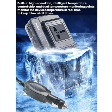 Meind 200W Car Power Inverter for Charging Devices On the Go compact inverter with universal AC outlet and cigarette lighter plug on ice showing cooling