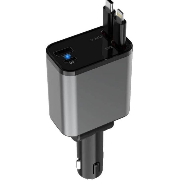 Car Charger With Retractable Cable, Type-C and 8 Pin - compact 12–24V car charger with Type-C PD, 8-pin retractable cable and USB port