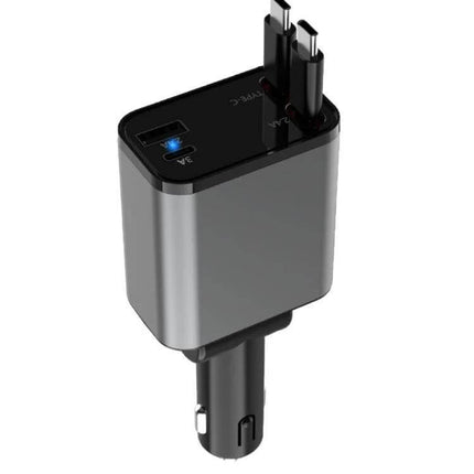 Car Charger With Retractable Cable, Type-C and 8 Pin — compact 12–24V car charger with retractable 800mm Type-C PD and 8‑pin cables