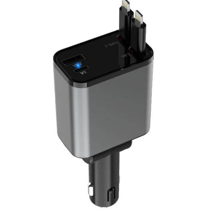 Car Charger With Retractable Cable, Type-C and 8 Pin in silver with dual retractable cables and USB port for vehicle charging