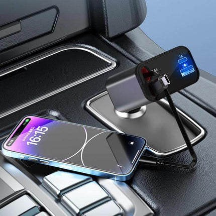 Car Charger With Retractable Cable, Type-C and 8 Pin charging phone in car cup holder with 800mm retractable cable and USB-C PD output