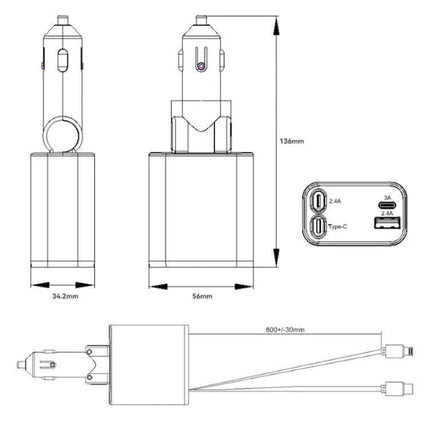 Car Charger With Retractable Cable, Type-C and 8 Pin technical drawing showing dimensions, dual ports and 800mm retractable cable