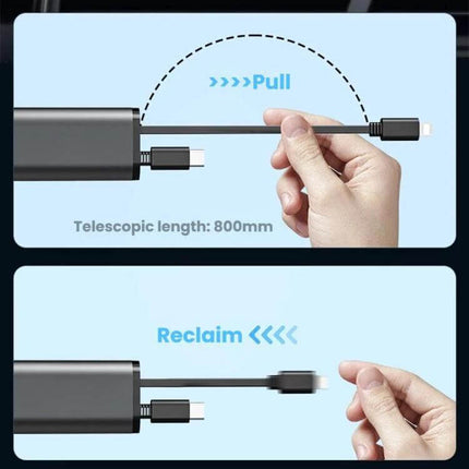 Car Charger With Retractable Cable, Type-C and 8 Pin showing hand pulling and retracting 800mm telescopic cable with Type-C and 8‑pin connectors