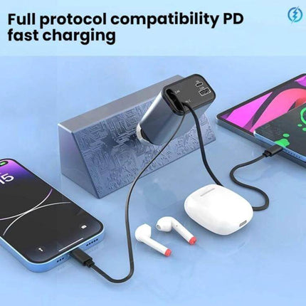 Car Charger With Retractable Cable, Type-C and 8 Pin charging phone tablet and earbuds in car with 800mm retractable cable