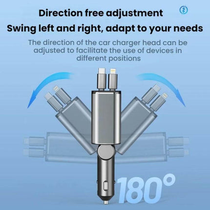 Car Charger With Retractable Cable, Type-C and 8 Pin showing 180° adjustable head and retractable cable for car charging