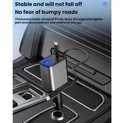 Car Charger With Retractable Cable, Type-C and 8 Pin plugged into car cigarette lighter with retractable cable and Type-C PD port