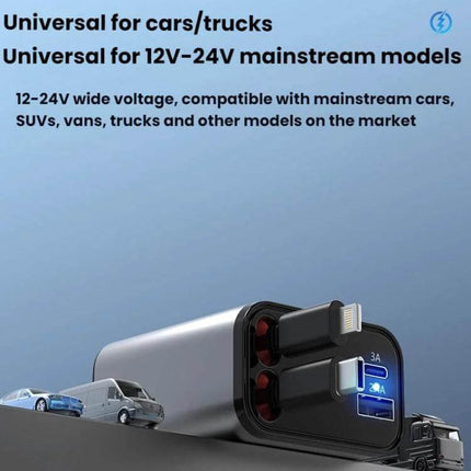 Car Charger With Retractable Cable, Type-C and 8 Pin compact 12–24V car charger with retractable 800mm cable, Type-C PD and 8‑pin ports