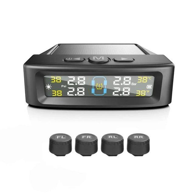 Essential Tire Pressure Monitor for Daily Vehicle Safety - digital display and four external sensors for real-time tire pressure and temperature