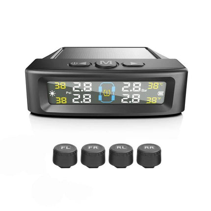Essential Tire Pressure Monitor for Daily Vehicle Safety - digital display and four external sensors showing real-time tire pressure and temperature