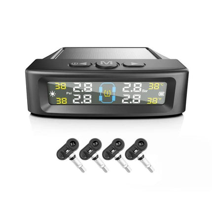 Essential Tire Pressure Monitor for Daily Vehicle Safety - digital display with four tire sensors showing pressure and temperature