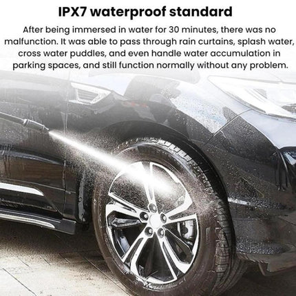 Essential Tire Pressure Monitor for Daily Vehicle Safety showing IPX7 waterproof sensor on a car tire being sprayed with water