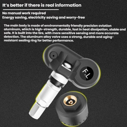 Essential Tire Pressure Monitor for Daily Vehicle Safety - close-up of aluminum valve sensor and removable cap showing F.L. marking