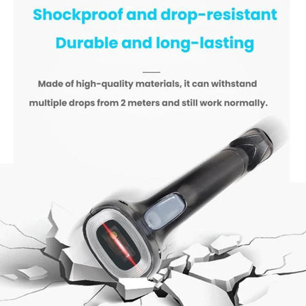 Portable QR Code and Barcode Scanner for Retail Use showing handheld shockproof scanner with 640x480 CMOS sensor breaking surface