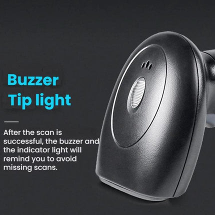Portable QR Code and Barcode Scanner for Retail Use showing buzzer tip light and CMOS sensor close-up, ideal for inventory and low-contrast scans