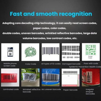 Portable QR Code and Barcode Scanner for Retail Use with 640x480 CMOS sensor showing fast recognition of 1D and 2D codes in challenging conditions