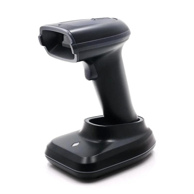 Wireless Barcode Scanner with Charging Base for Hands-Free Use showing black scanner docked on charging base for inventory and logistics