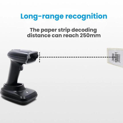Wireless Barcode Scanner with Charging Base for Hands-Free Use showing long-range recognition and 250mm decoding distance with charging dock